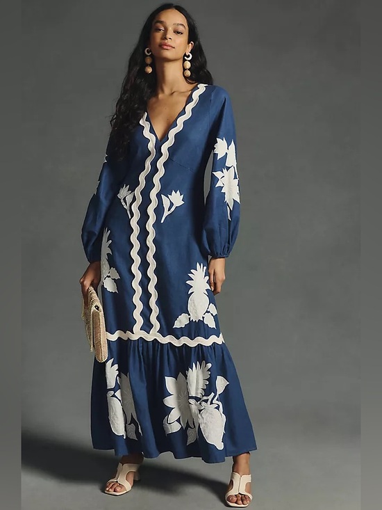FARM Rio Dresses & Skirts - Farm Rio blue embroidered long sleeve maxi dress